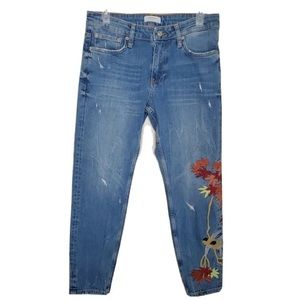 Zara Woman Floral/bird Embroidered Distressed Jeans Size 6/28.